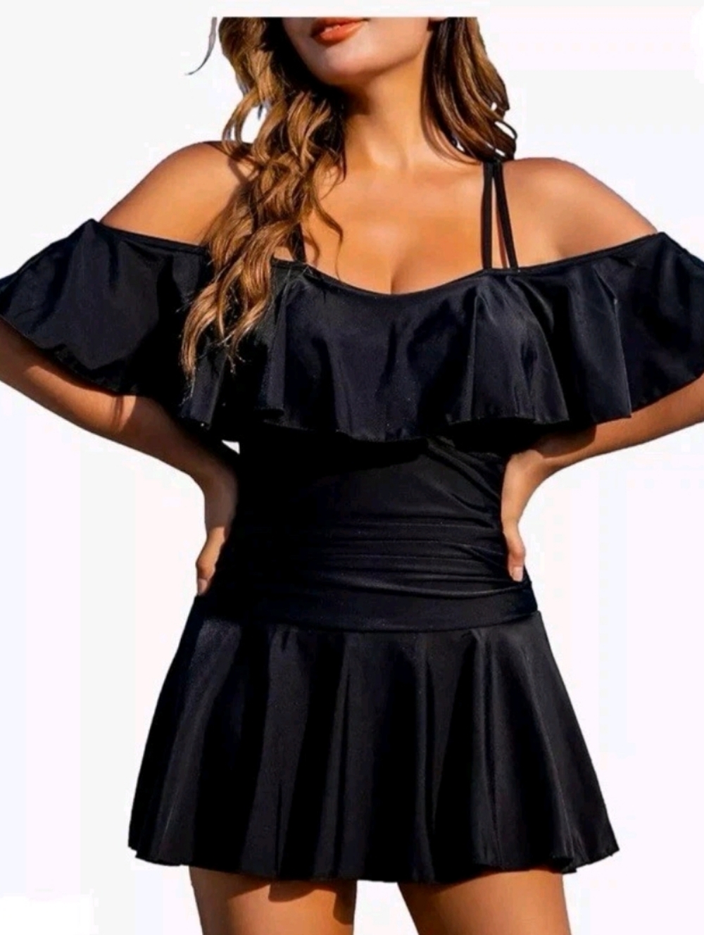 Cocopear 1 Piece Swimsuit Dress Skirt Womens Sz M Black Flounce Off Shoulder New